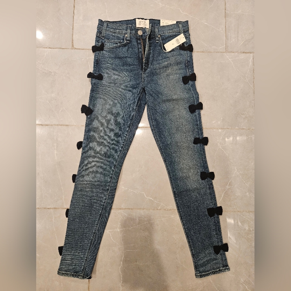 Women's Blue Jeans with Black Bow Accents